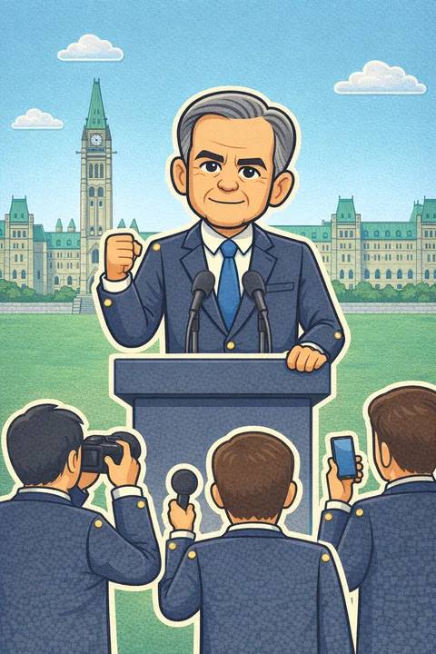 Paper-cutout politician at a podium outside Parliament, surrounded by reporters