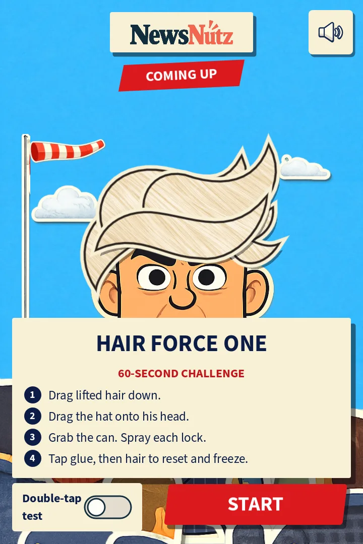Hair Force One development screen: a towering hairstyle above a press-conference podium
